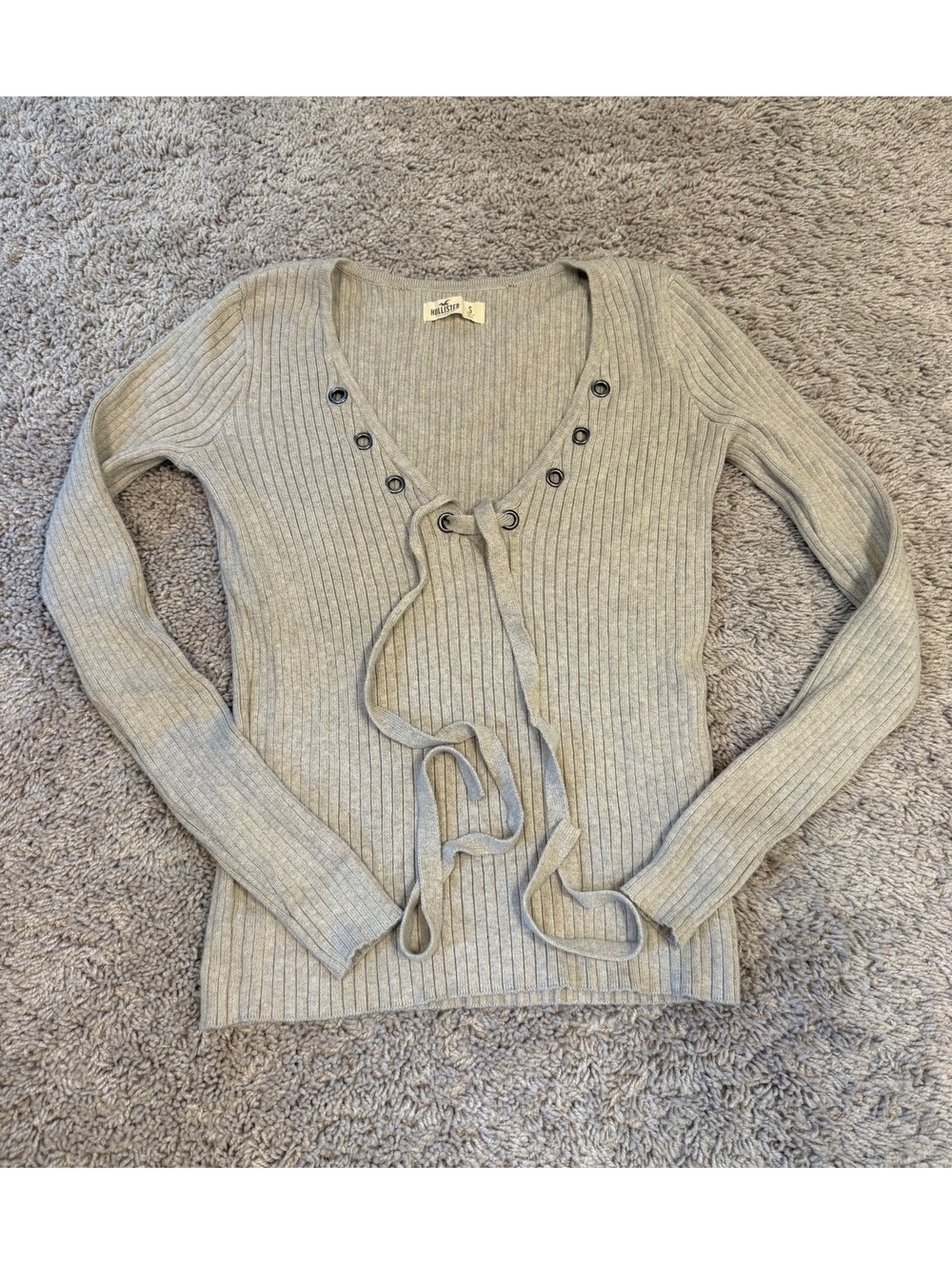 Hollister Gray Ribbed Lace Up Sweater Top Size Small Y2K Off Shoulder
